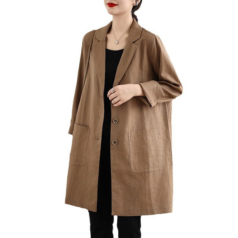 Buddha Stones Casual Fall Buttons Design Lapel Women's Cotton Linen Coat With Pockets - image 15
