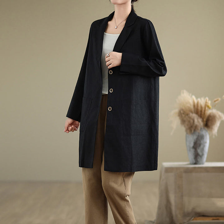 Buddha Stones Casual Fall Buttons Design Lapel Women's Cotton Linen Coat With Pockets - image 2