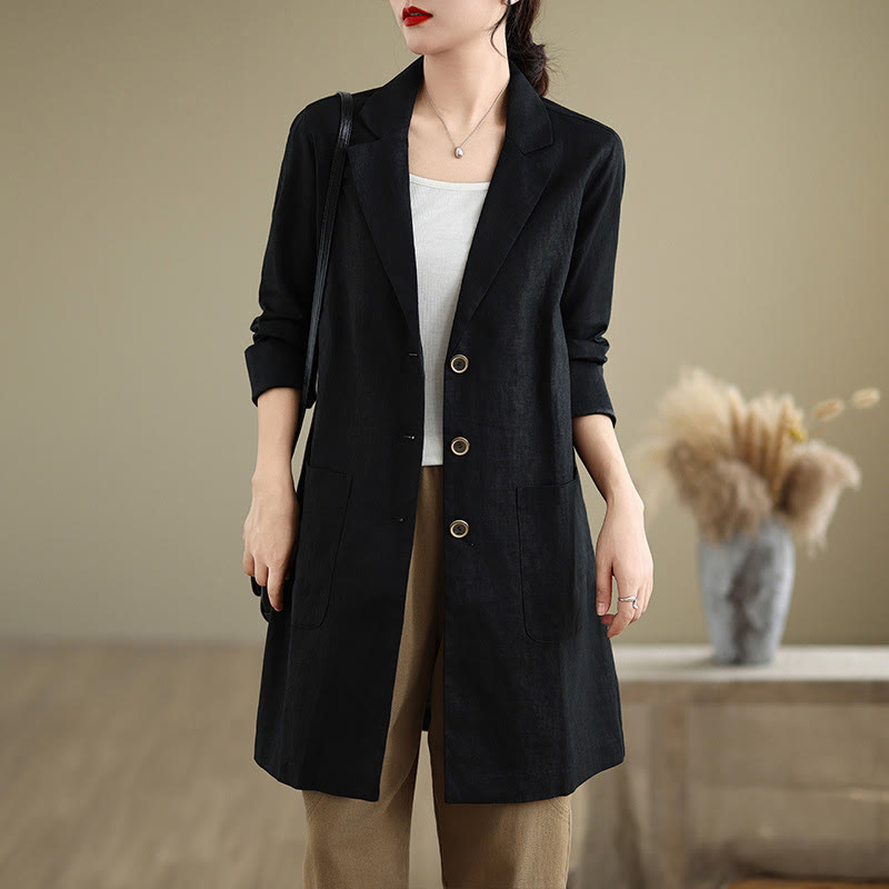 Buddha Stones Casual Fall Buttons Design Lapel Women's Cotton Linen Coat With Pockets - Black - US8-10，UK/AU12-14，EU40-42 (2XL) - image 0