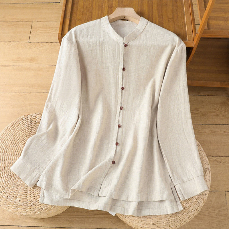 Buddha Stones Spring Solid Color Simple Hem Slit Design Cotton Linen Women's Shirt - Linen - US14，UK/AU18，EU46 (2XL) - image 0