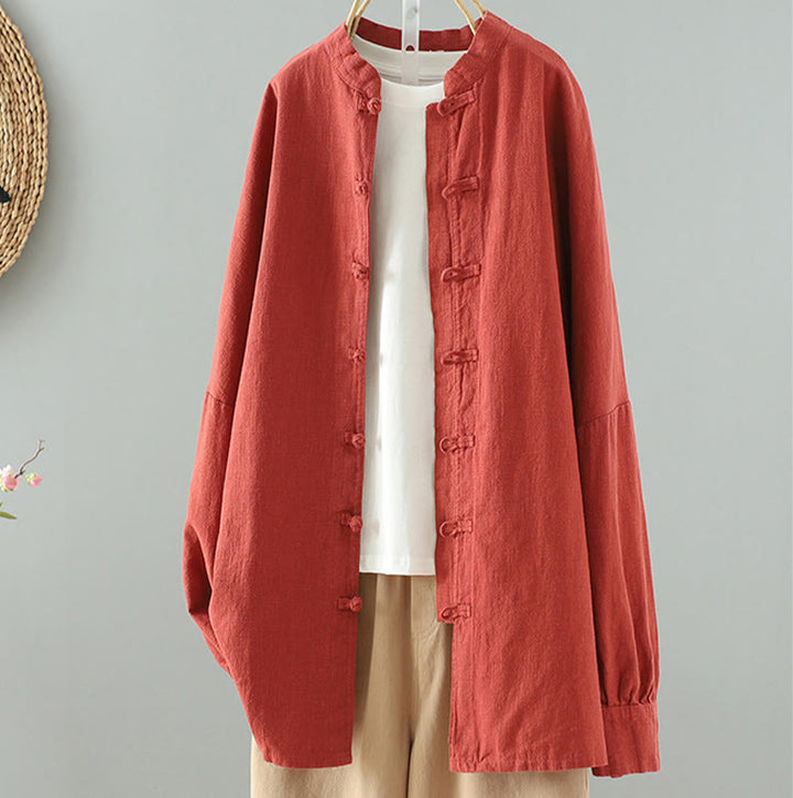 Buddha Stones Women's Solid Color Simple Chinese Frog-Button Design Cotton Linen Shirt - OrangeRed - US14，UK/AU18，EU46 (2XL) - image 15