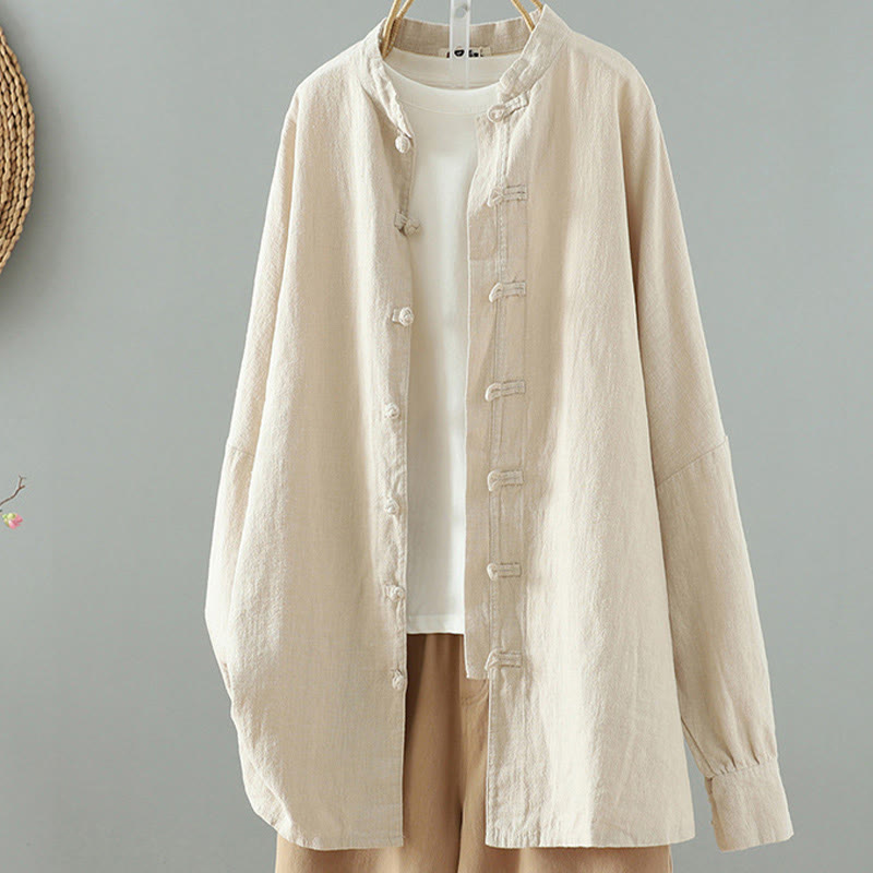 Buddha Stones Women's Solid Color Simple Chinese Frog-Button Design Cotton Linen Shirt - Beige - US14，UK/AU18，EU46 (2XL) - image 0