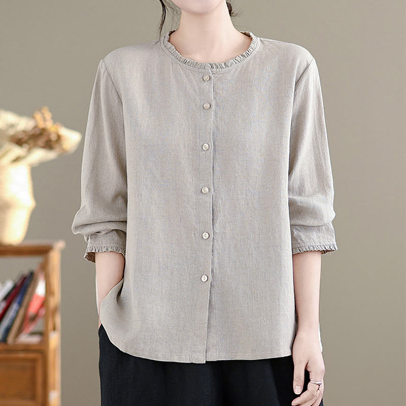 Buddha Stones Spring Solid Color Buttons Design Ruffled Crew Neck Women's Shirt - image 11