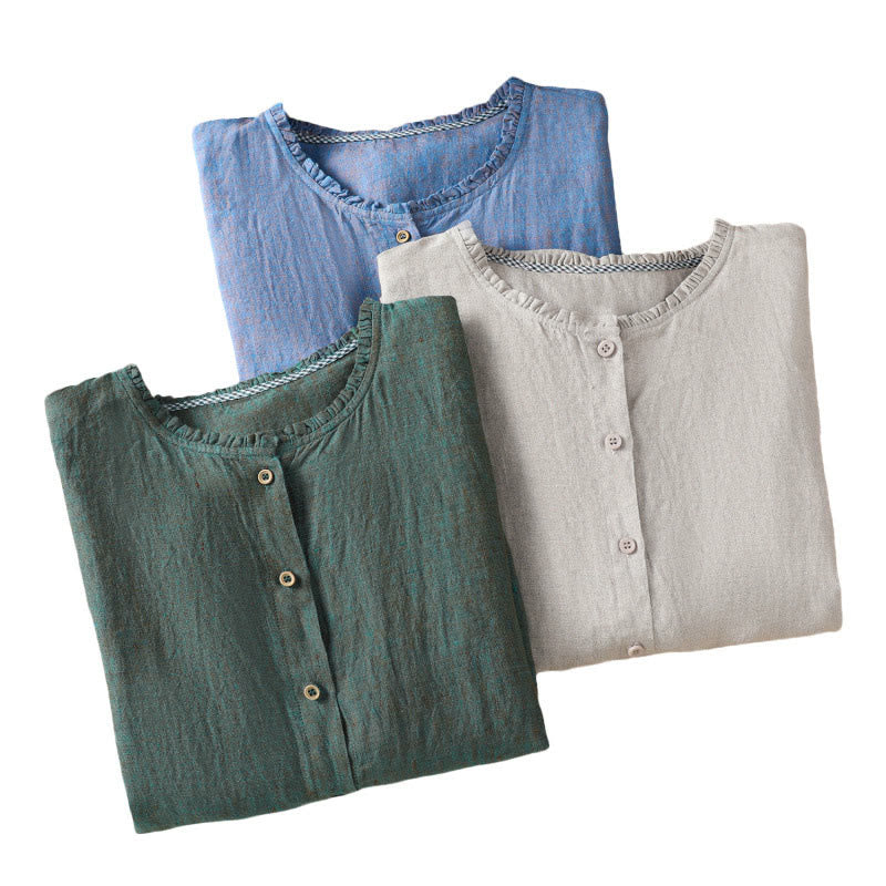 Buddha Stones Spring Solid Color Buttons Design Ruffled Crew Neck Women's Shirt - image 21