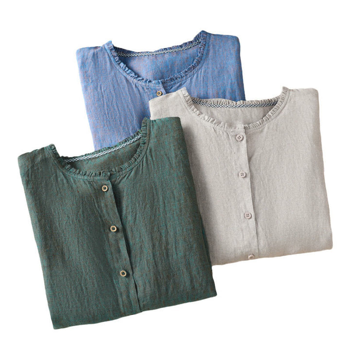 Buddha Stones Spring Solid Color Buttons Design Ruffled Crew Neck Women's Cotton Linen Shirt - image 21