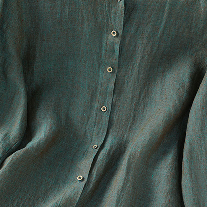 Buddha Stones Spring Solid Color Buttons Design Ruffled Crew Neck Women's Cotton Linen Shirt - image 3