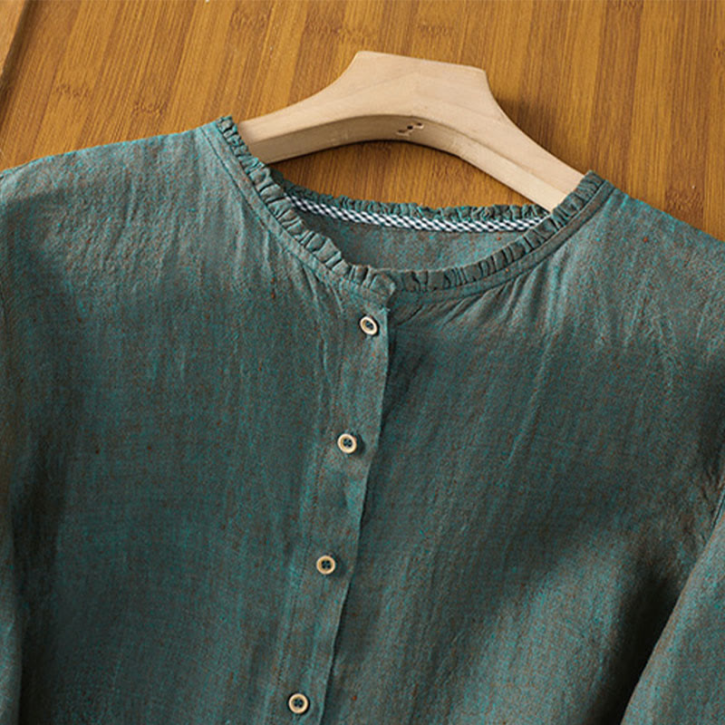 Buddha Stones Spring Solid Color Buttons Design Ruffled Crew Neck Women's Shirt - image 1