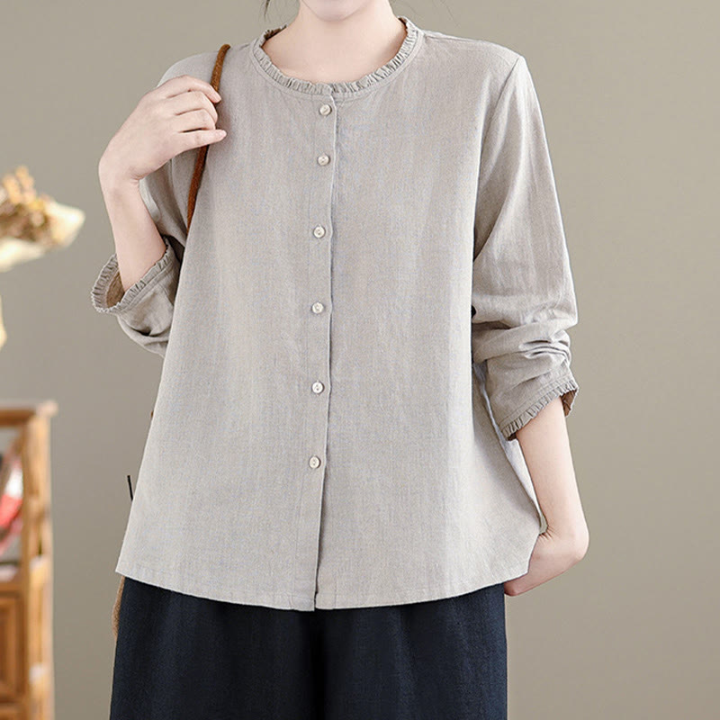 Buddha Stones Spring Solid Color Buttons Design Ruffled Crew Neck Women's Cotton Linen Shirt - image 12