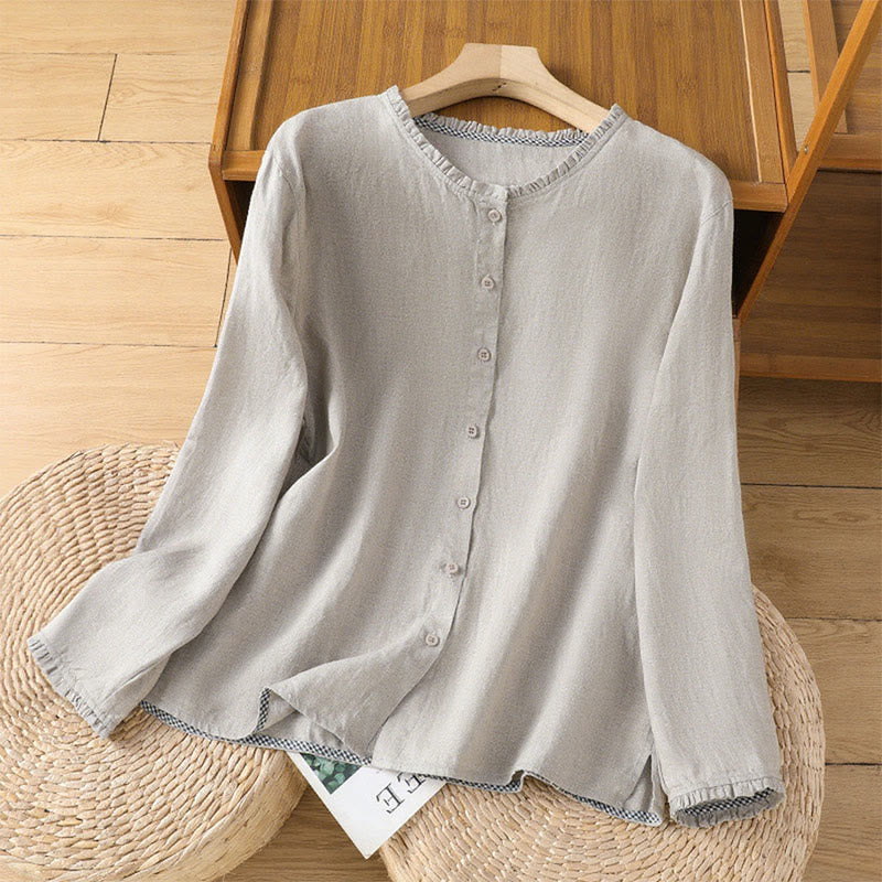 Buddha Stones Spring Solid Color Buttons Design Ruffled Crew Neck Women's Shirt - Silver - US14，UK/AU18，EU46 (2XL) - image 5