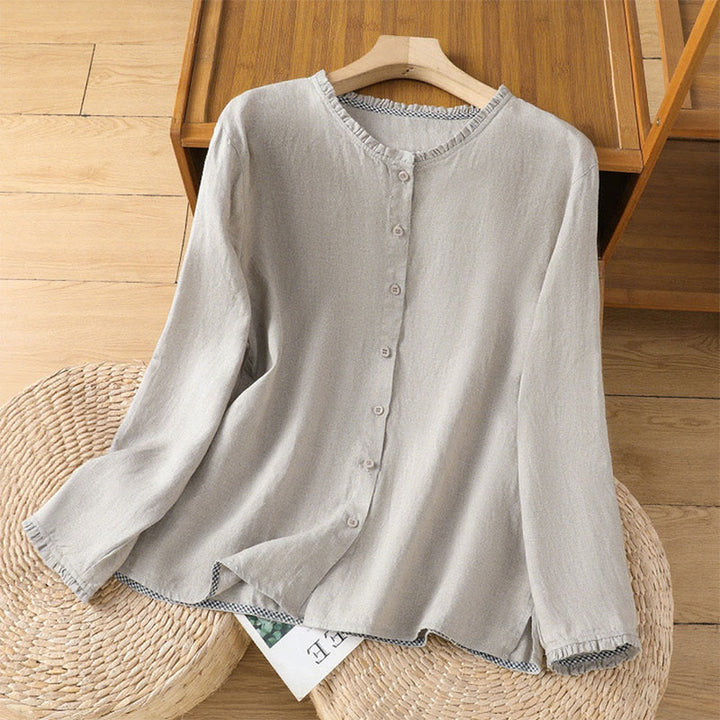 Buddha Stones Spring Solid Color Buttons Design Ruffled Crew Neck Women's Cotton Linen Shirt - Silver - US14，UK/AU18，EU46 (2XL) - image 5