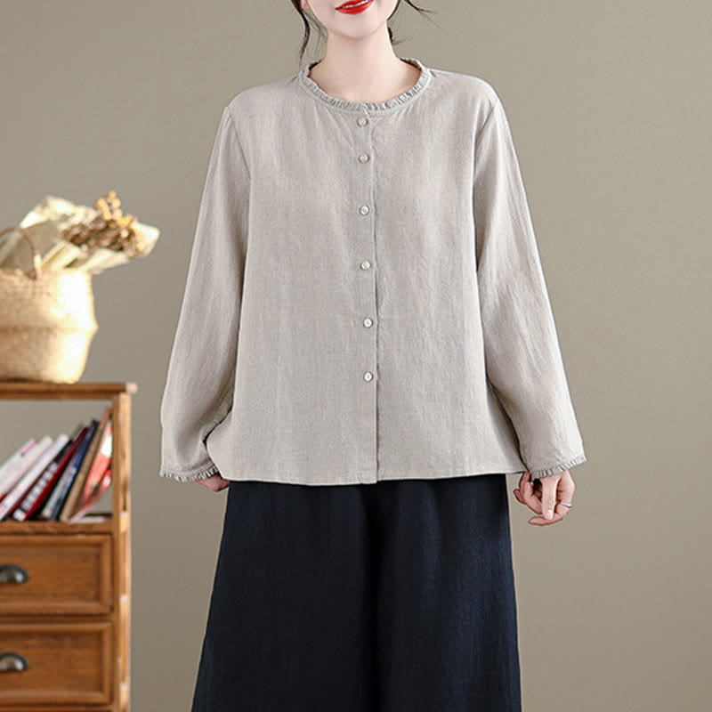 Buddha Stones Spring Solid Color Buttons Design Ruffled Crew Neck Women's Shirt - image 6
