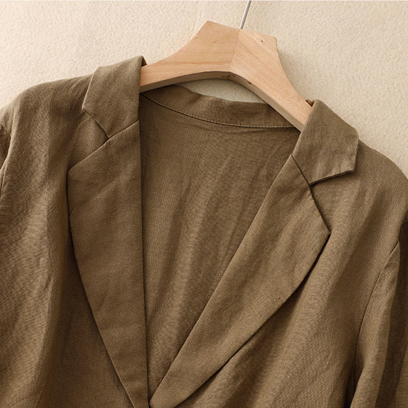 Buddha Stones Commute Retro Pure Color Lapel Cotton Linen Women's Jacket With Pockets - image 1