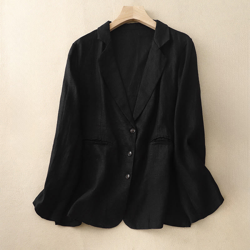 Buddha Stones Commute Retro Pure Color Lapel Cotton Linen Women's Jacket With Pockets - Black - US14，UK/AU18，EU46 (2XL) - image 4