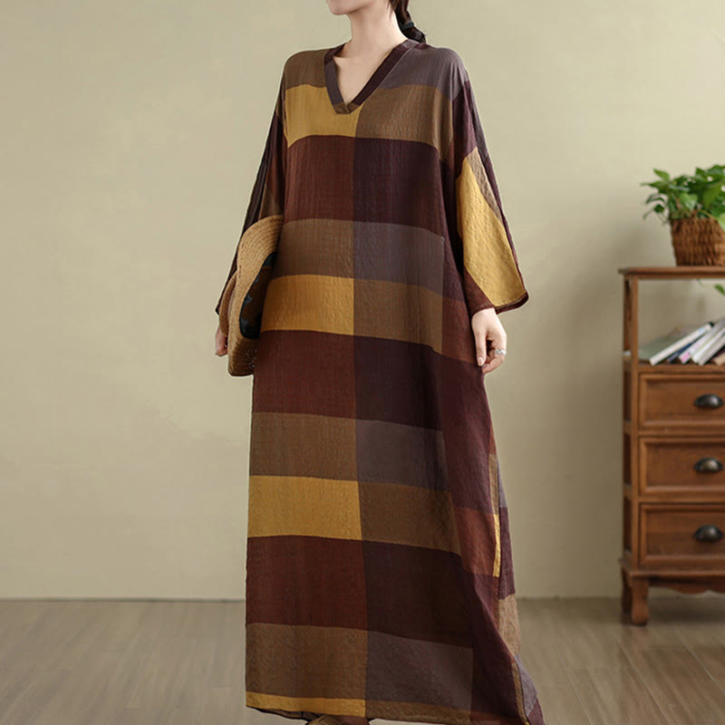 Buddha Stones Spliced Plaid Pattern Cotton Linen Women's Maxi Dress With Pockets - image 3