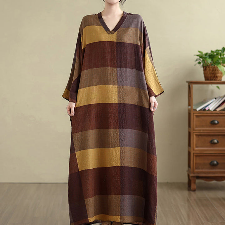 Buddha Stones Spliced Plaid Pattern Cotton Linen Women's Maxi Dress With Pockets - image 2