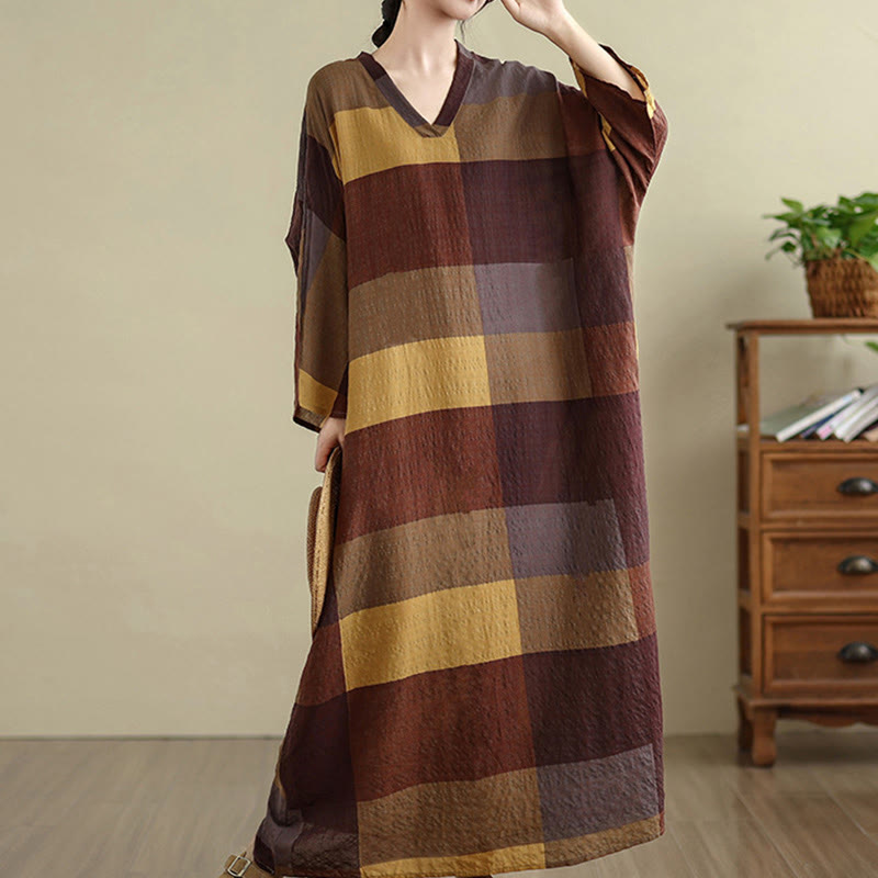 Buddha Stones Spliced Plaid Pattern Cotton Linen Women's Maxi Dress With Pockets - image 4