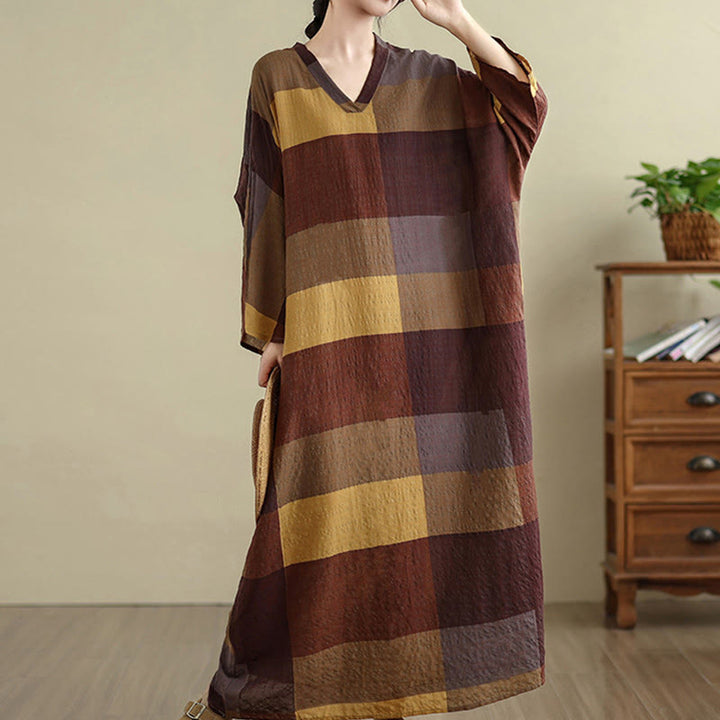 Buddha Stones Spliced Plaid Pattern Cotton Linen Women's Maxi Dress With Pockets - image 4