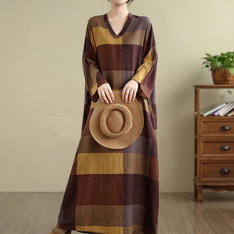 Buddha Stones Spliced Plaid Pattern Cotton Linen Women's Maxi Dress With Pockets - SaddleBrown - US4-12，UK/AU8-16，EU36-44 (F) - image 0