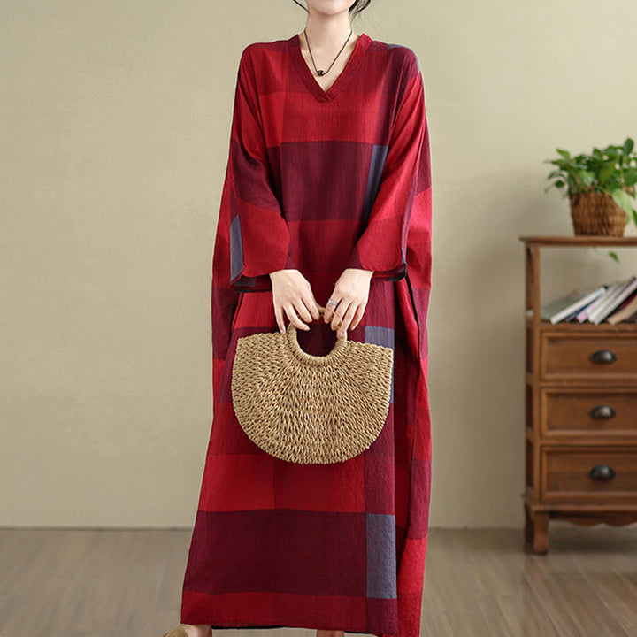 Buddha Stones Spliced Plaid Pattern Cotton Linen Women's Maxi Dress With Pockets - FireBrick - US4-12，UK/AU8-16，EU36-44 (F) - image 5