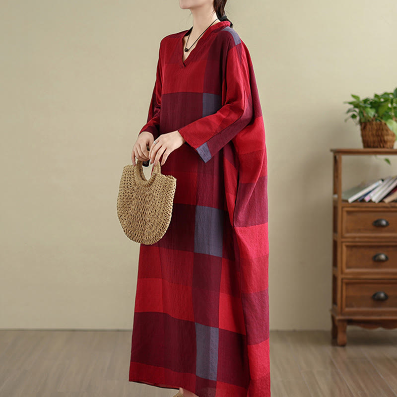 Buddha Stones Spliced Plaid Pattern Cotton Linen Women's Maxi Dress With Pockets - image 10