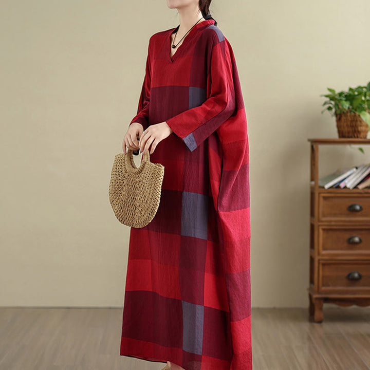 Buddha Stones Spliced Plaid Pattern Cotton Linen Women's Maxi Dress With Pockets - image 10