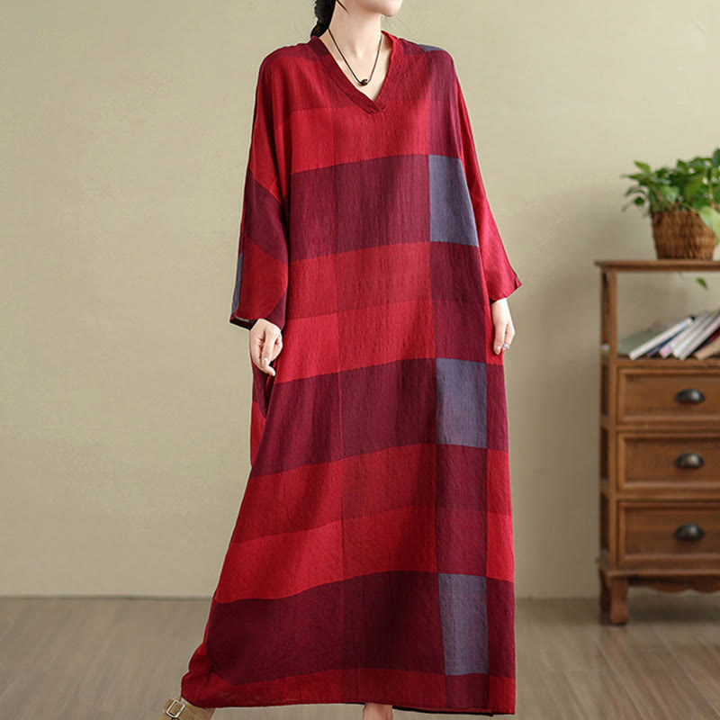 Buddha Stones Spliced Plaid Pattern Cotton Linen Women's Maxi Dress With Pockets - image 11