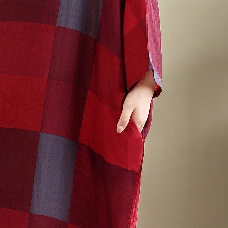 Buddha Stones Spliced Plaid Pattern Cotton Linen Women's Maxi Dress With Pockets - image 13