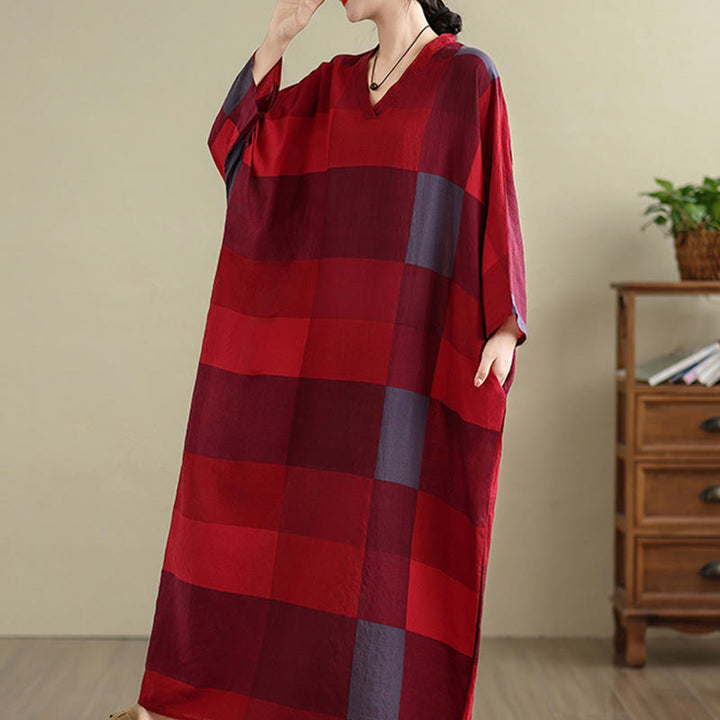 Buddha Stones Spliced Plaid Pattern Cotton Linen Women's Maxi Dress With Pockets - image 8
