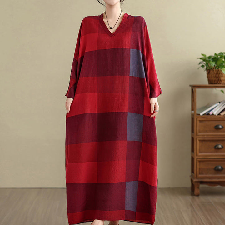 Buddha Stones Spliced Plaid Pattern Cotton Linen Women's Maxi Dress With Pockets - image 7