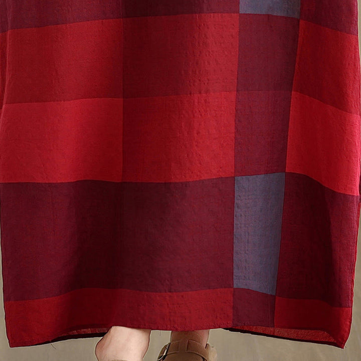 Buddha Stones Spliced Plaid Pattern Cotton Linen Women's Maxi Dress With Pockets - image 9