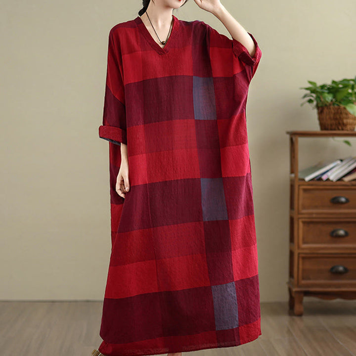 Buddha Stones Spliced Plaid Pattern Cotton Linen Women's Maxi Dress With Pockets - image 12