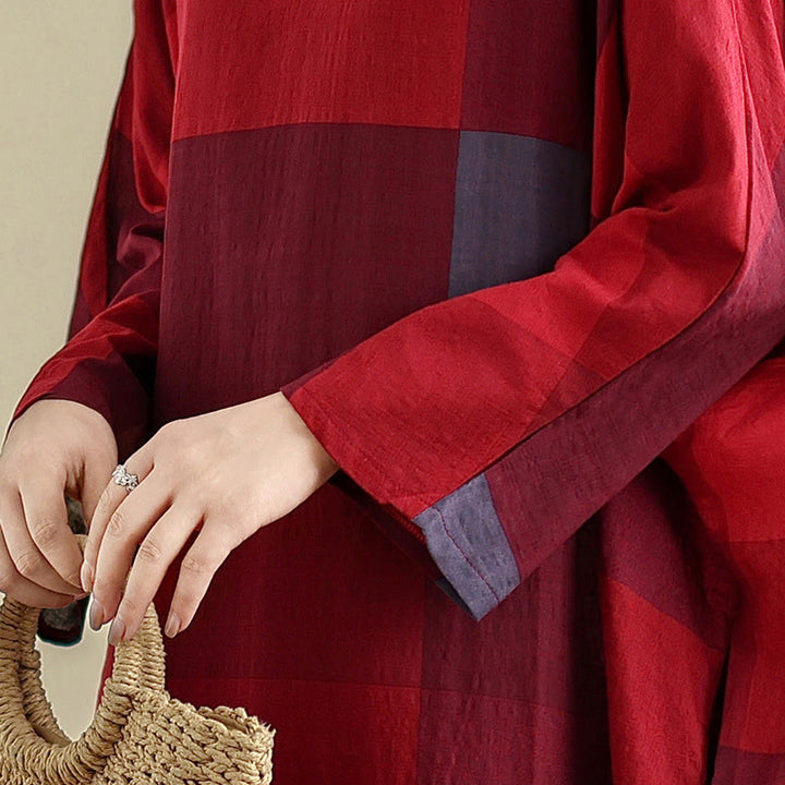 Buddha Stones Spliced Plaid Pattern Cotton Linen Women's Maxi Dress With Pockets - image 15