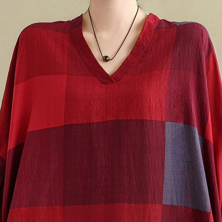 Buddha Stones Spliced Plaid Pattern Cotton Linen Women's Maxi Dress With Pockets - image 14