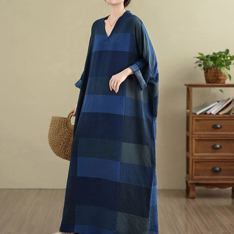 Buddha Stones Spliced Plaid Pattern Cotton Linen Women's Maxi Dress With Pockets - image 20
