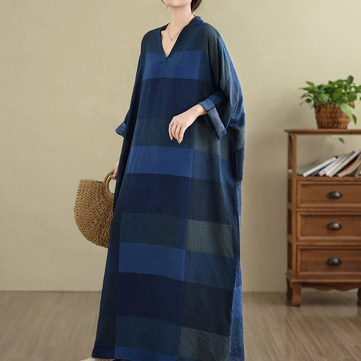 Buddha Stones Spliced Plaid Pattern Cotton Linen Women's Maxi Dress With Pockets - image 20