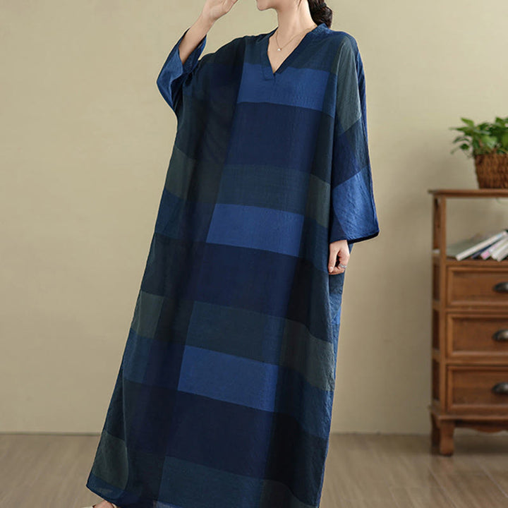 Buddha Stones Spliced Plaid Pattern Cotton Linen Women's Maxi Dress With Pockets - image 19