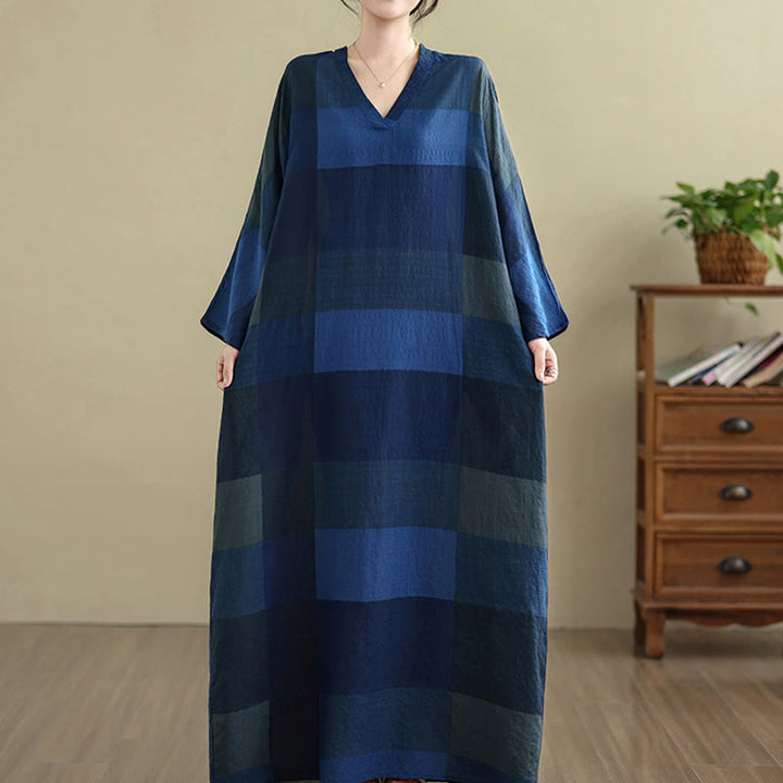 Buddha Stones Spliced Plaid Pattern Cotton Linen Women's Maxi Dress With Pockets - image 18