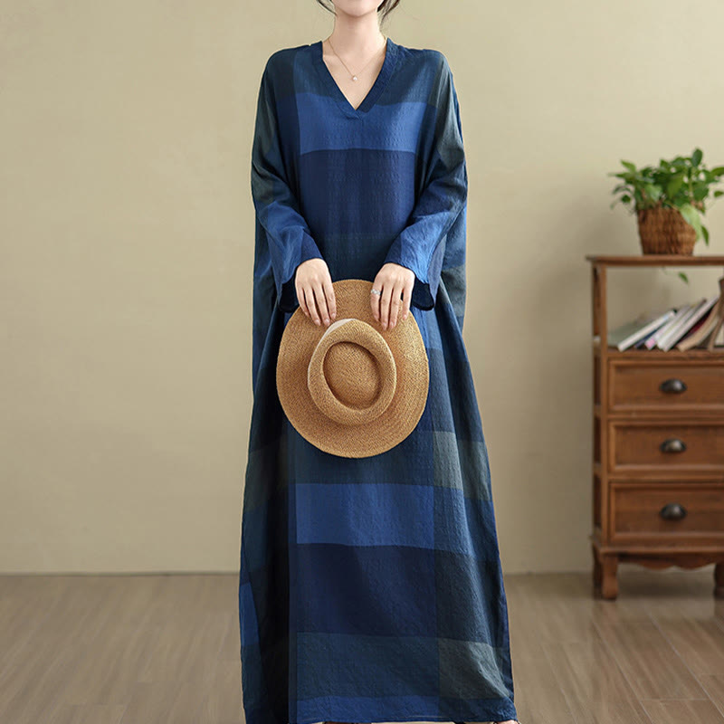 Buddha Stones Spliced Plaid Pattern Cotton Linen Women's Maxi Dress With Pockets - MidnightBlue - US4-12，UK/AU8-16，EU36-44 (F) - image 16