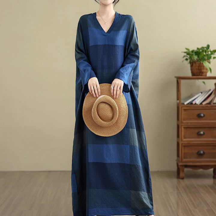 Buddha Stones Spliced Plaid Pattern Cotton Linen Women's Maxi Dress With Pockets - MidnightBlue - US4-12，UK/AU8-16，EU36-44 (F) - image 16