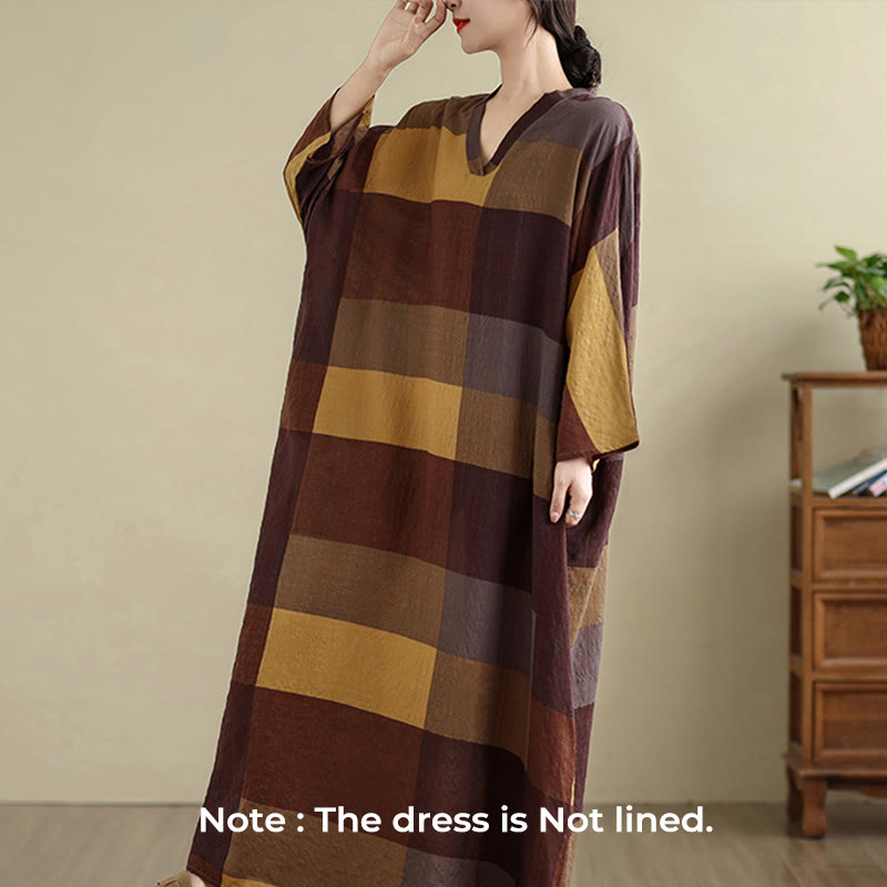 Buddha Stones Spliced Plaid Pattern Cotton Linen Women's Maxi Dress With Pockets - image 1