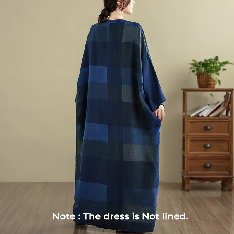 Buddha Stones Spliced Plaid Pattern Cotton Linen Women's Maxi Dress With Pockets - image 17