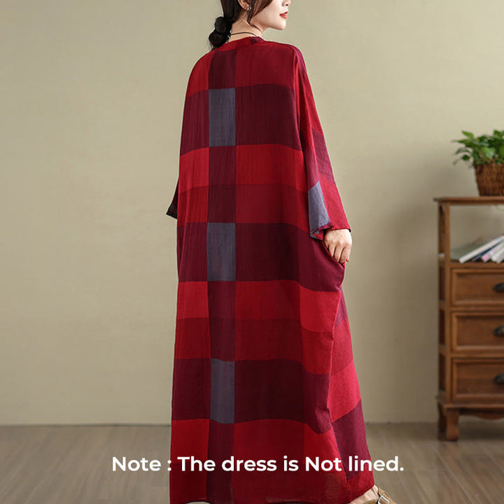 Buddha Stones Spliced Plaid Pattern Cotton Linen Women's Maxi Dress With Pockets - image 6