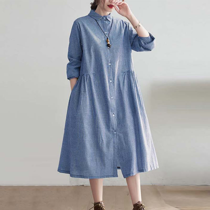 Buddha Stones Small Grid Pattern Cotton Linen Women's Midi Dress With Pockets - image 2