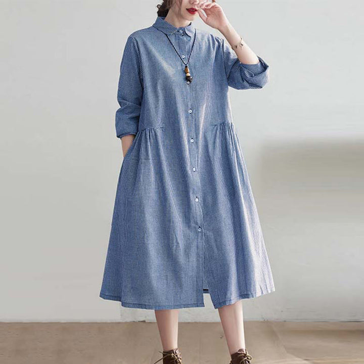 Buddha Stones Small Grid Pattern Cotton Linen Women's Midi Dress With Pockets - image 2