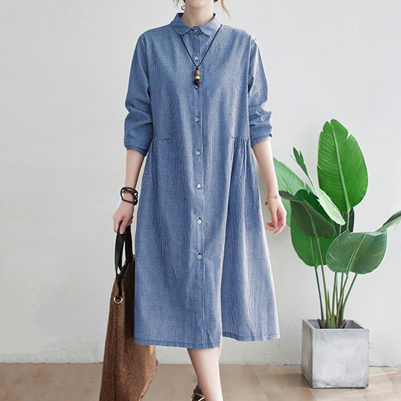 Buddha Stones Small Grid Pattern Cotton Linen Women's Midi Dress With Pockets - CornflowerBlue - US8-10，UK/AU12-14，EU40-42 (2XL) - image 0