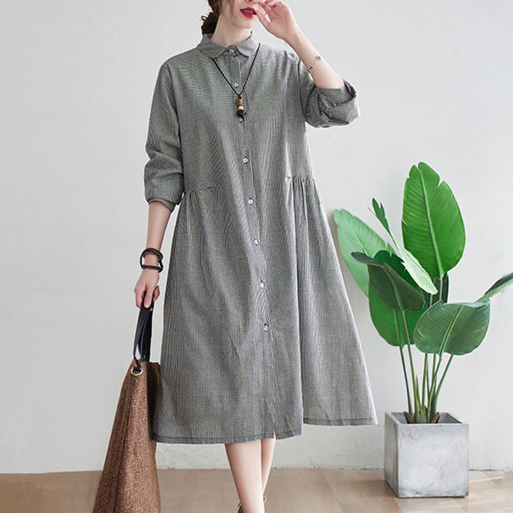Buddha Stones Small Grid Pattern Cotton Linen Women's Midi Dress With Pockets - image 10
