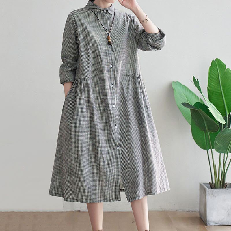 Buddha Stones Small Grid Pattern Cotton Linen Women's Midi Dress With Pockets - image 6