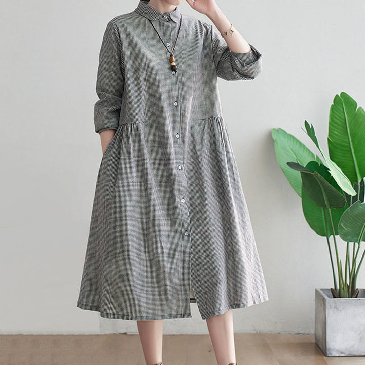 Buddha Stones Small Grid Pattern Cotton Linen Women's Midi Dress With Pockets - image 6