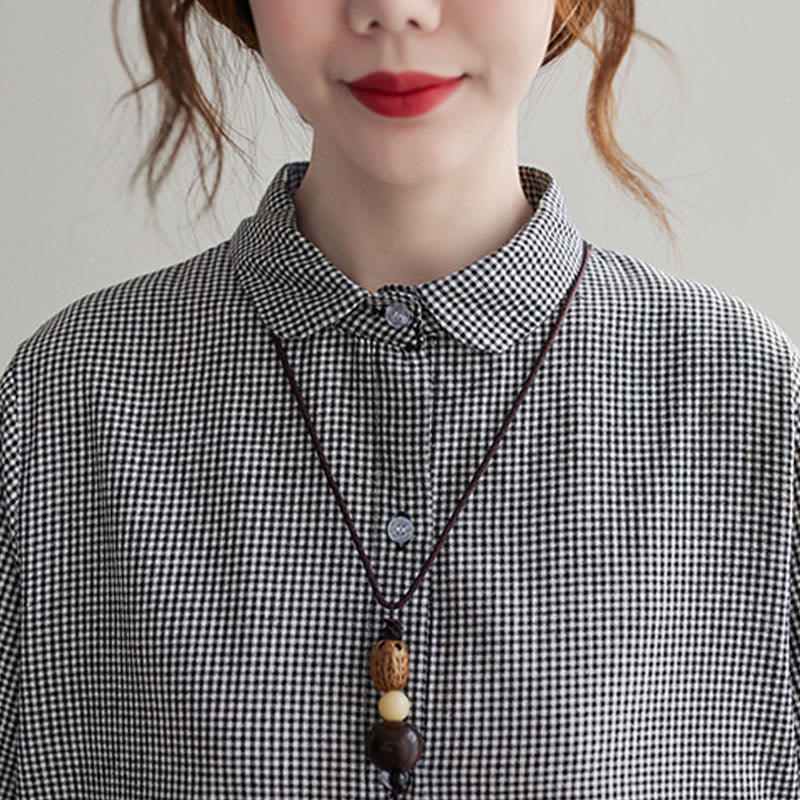 Buddha Stones Small Grid Pattern Cotton Linen Women's Midi Dress With Pockets - image 17