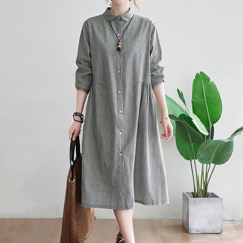 Buddha Stones Small Grid Pattern Cotton Linen Women's Midi Dress With Pockets - image 7